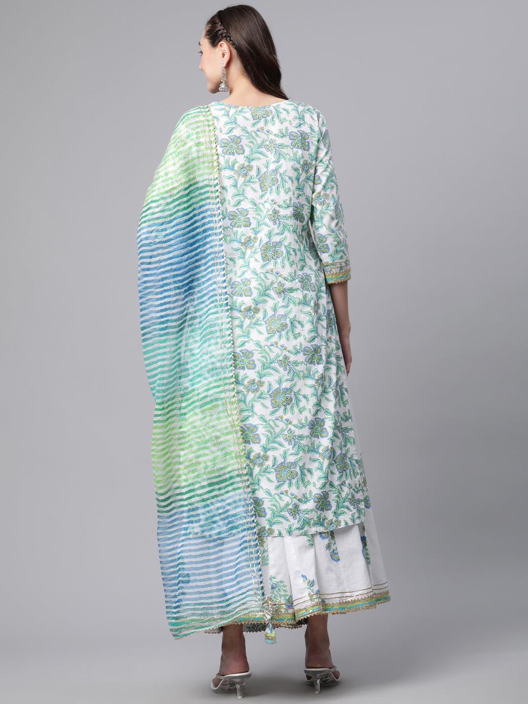  White Floral Printed Kurta Palazzo set with Dupatta - world.com