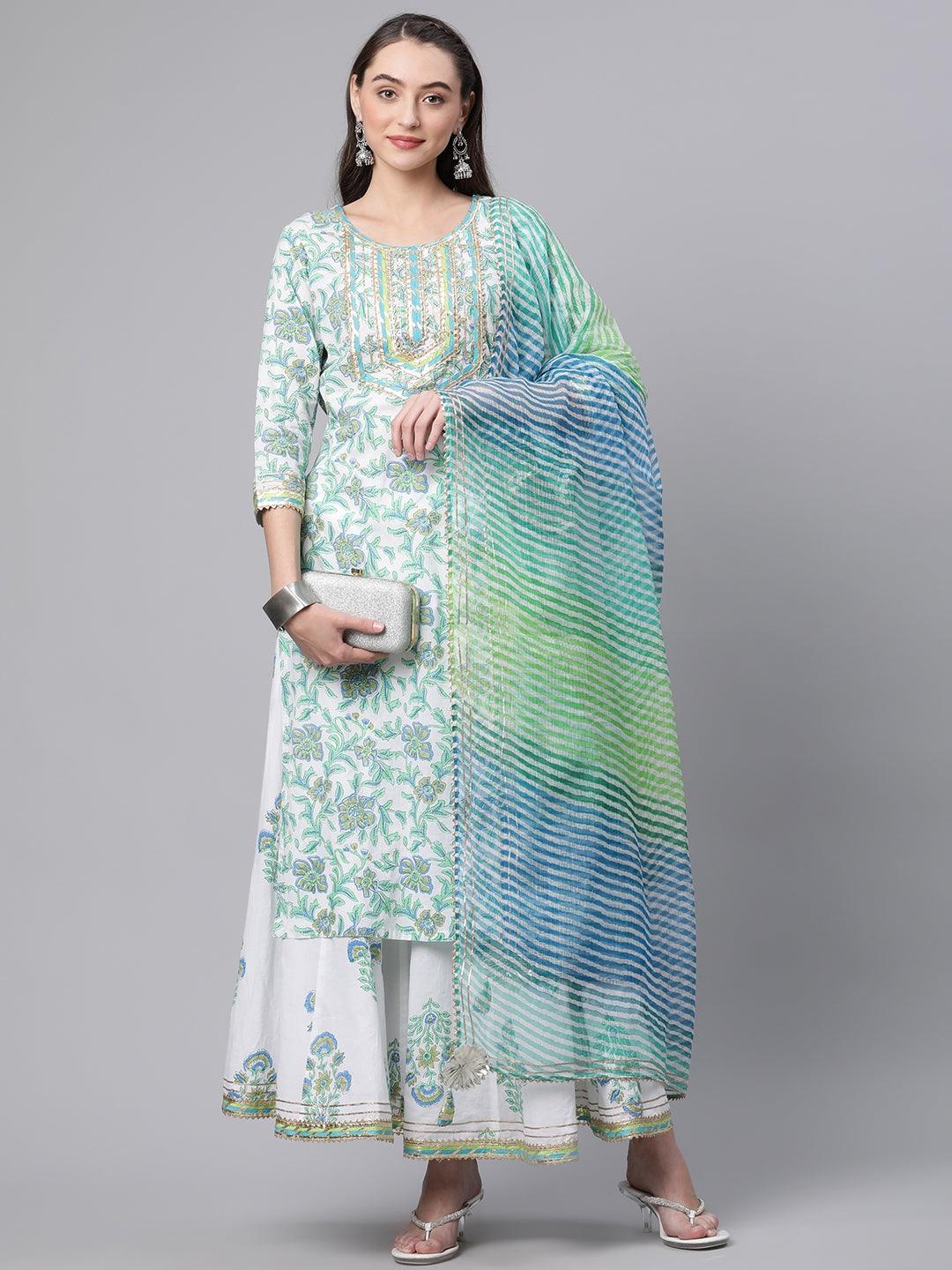 White Floral Printed Kurta Palazzo set with Dupatta - world.com