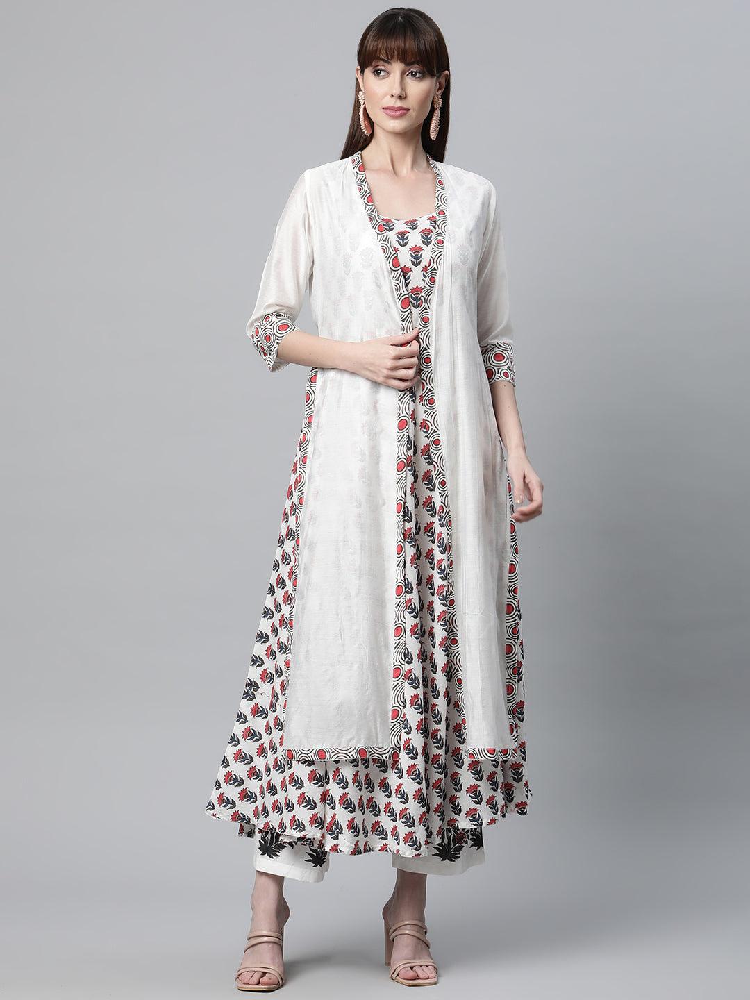  White Floral Kurta Pant Set with Chanderi Shurg -  world