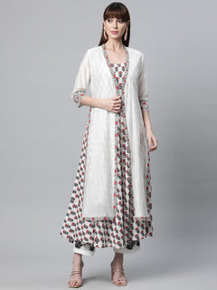 White Floral Kurta Pant Set with Chanderi Shurg