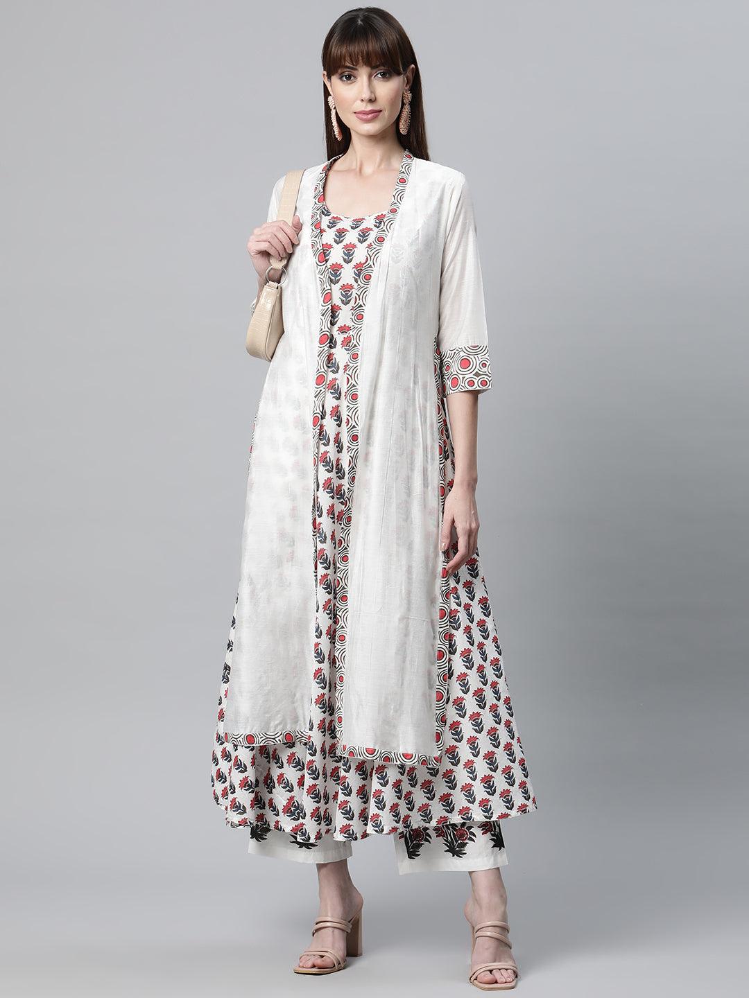  White Floral Kurta Pant Set with Chanderi Shurg -  world