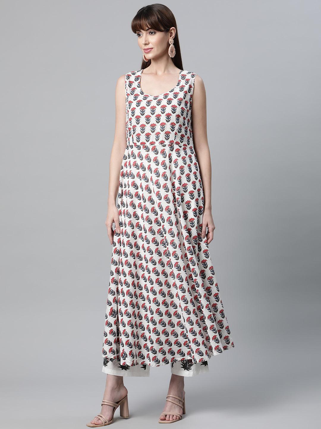  White Floral Kurta Pant Set with Chanderi Shurg -  world