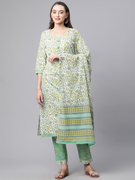  White Cotton Straight Kurta Pant set with Dupatta - world.com
