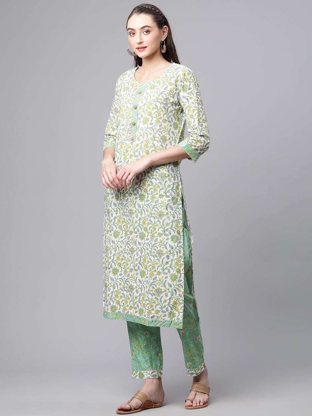  White Cotton Straight Kurta Pant set with Dupatta - world.com
