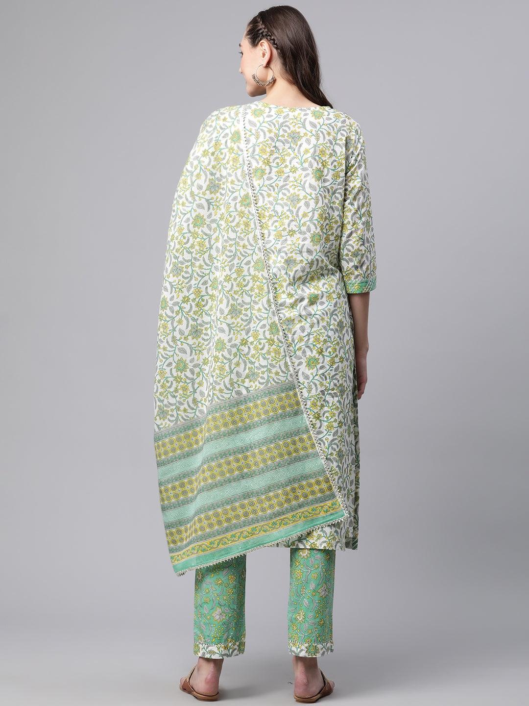  White Cotton Straight Kurta Pant set with Dupatta - world.com