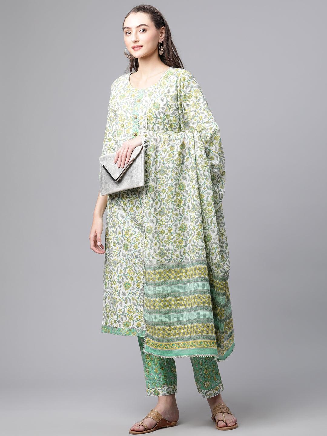  White Cotton Straight Kurta Pant set with Dupatta - world.com