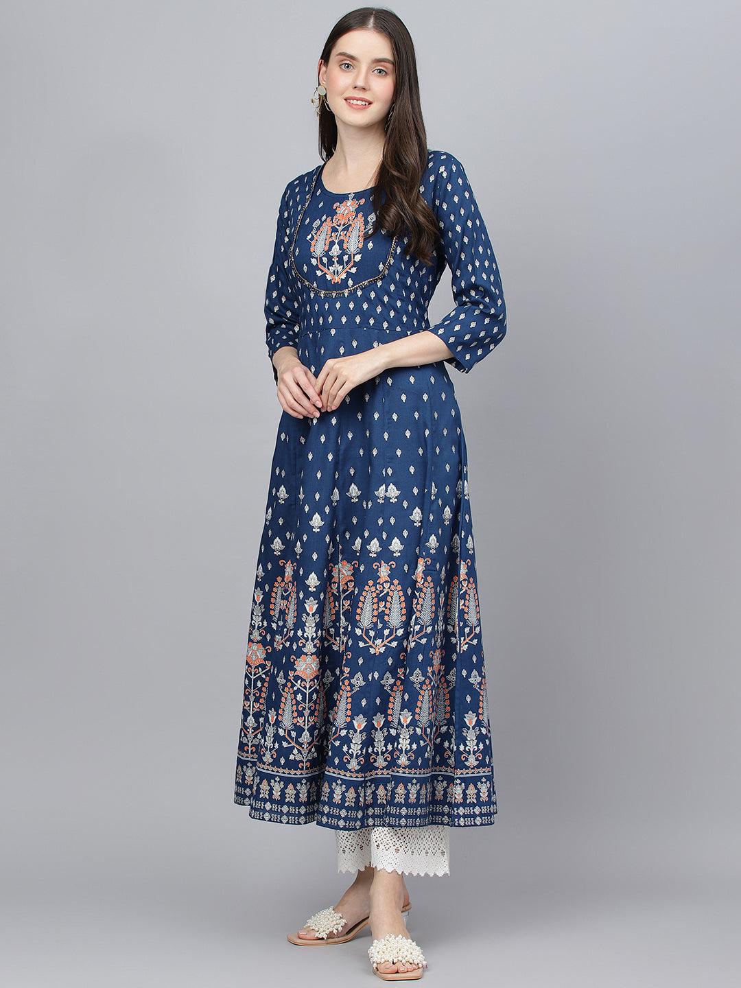  Indigo Ethnic Motif Rayon Anarkali Kurta -  world