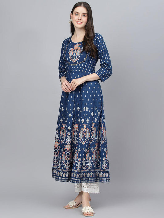  Indigo Ethnic Motif Rayon Anarkali Kurta -  world