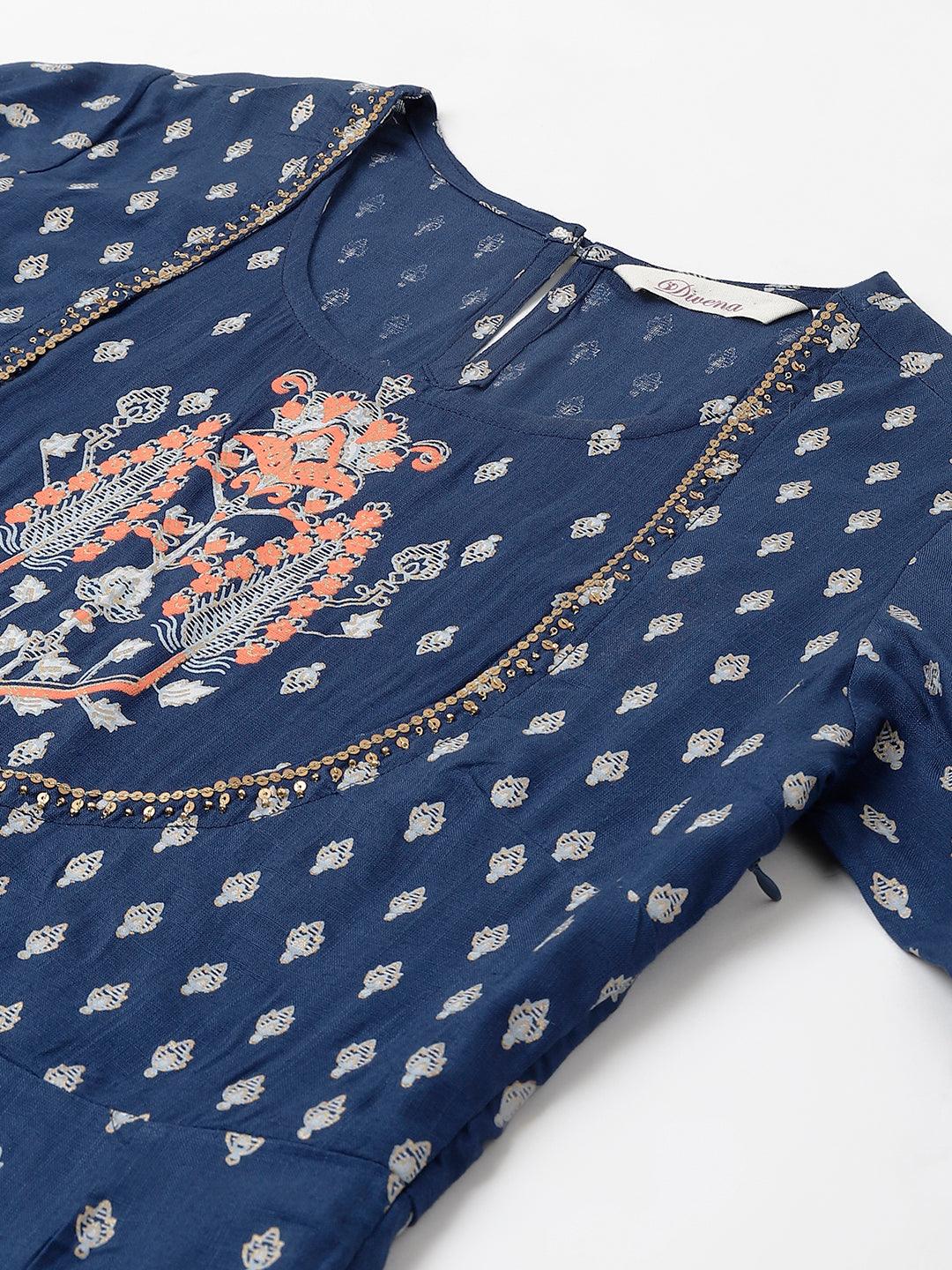  Indigo Ethnic Motif Rayon Anarkali Kurta -  world