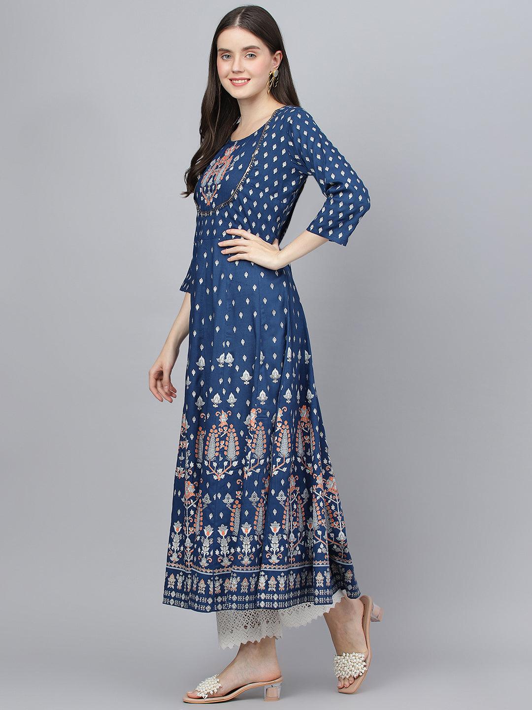  Indigo Ethnic Motif Rayon Anarkali Kurta -  world