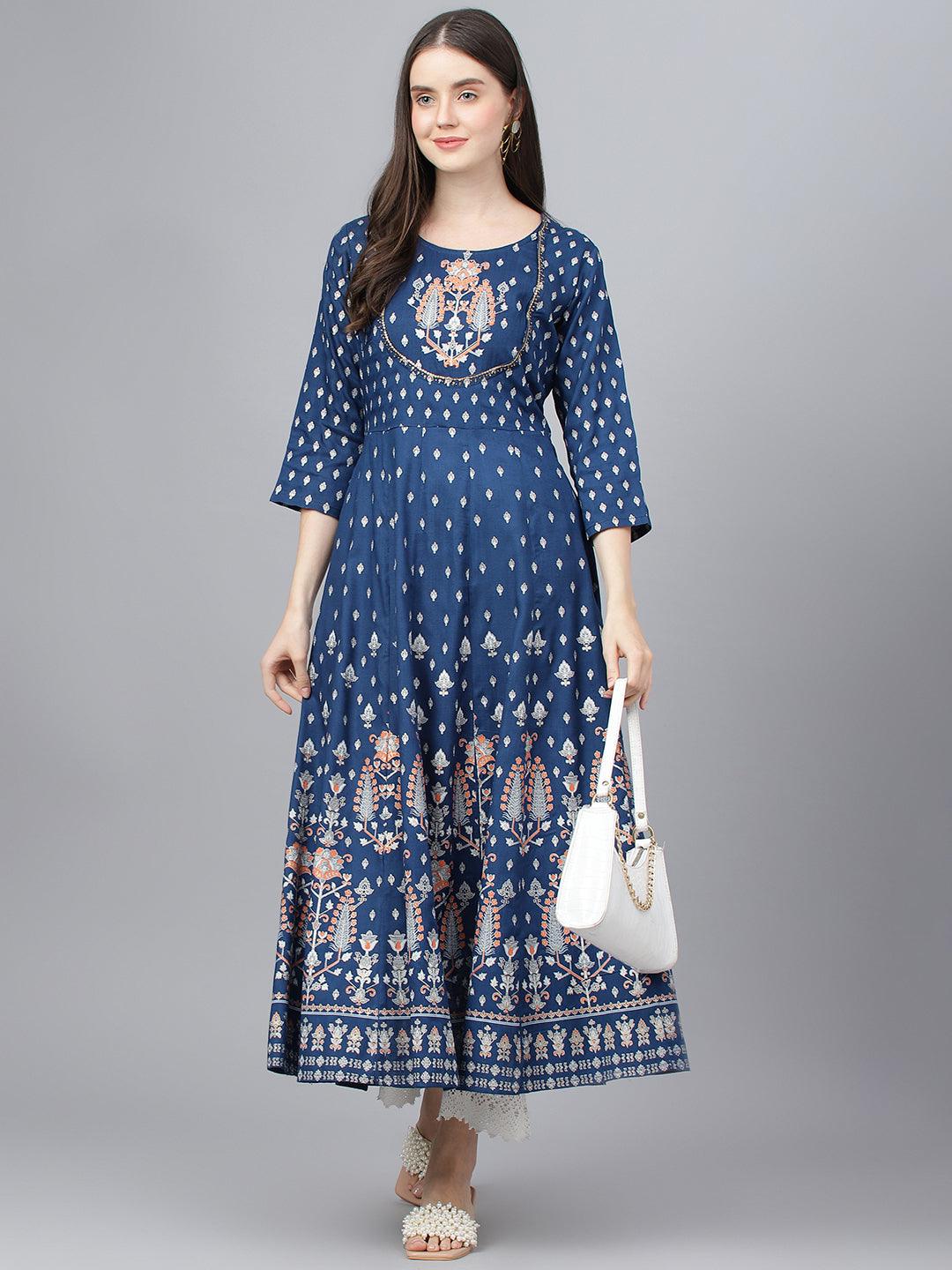  Indigo Ethnic Motif Rayon Anarkali Kurta -  world