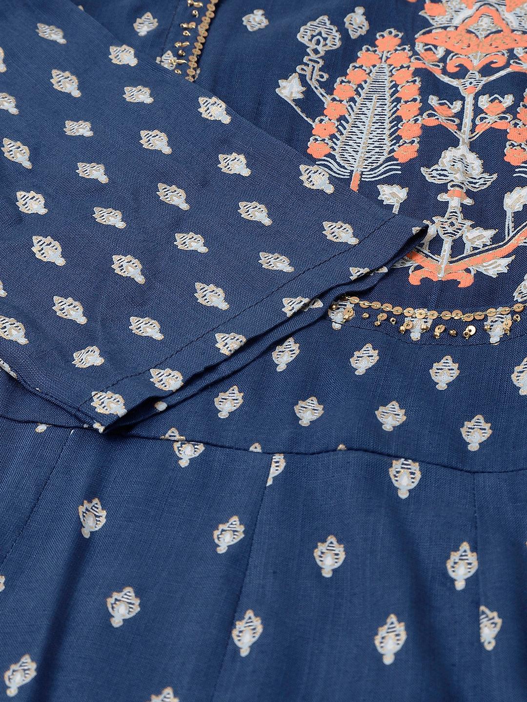  Indigo Ethnic Motif Rayon Anarkali Kurta -  world