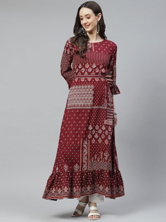  Maroon Rayon A-line Kurta with Belt -  world