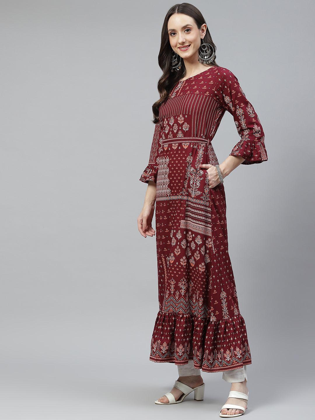  Maroon Rayon A-line Kurta with Belt -  world