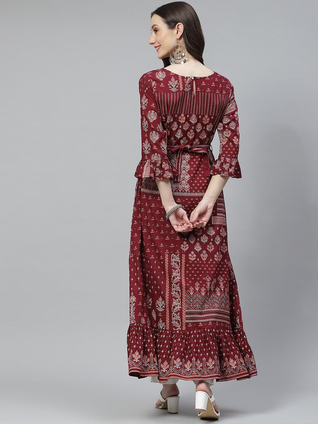  Maroon Rayon A-line Kurta with Belt -  world