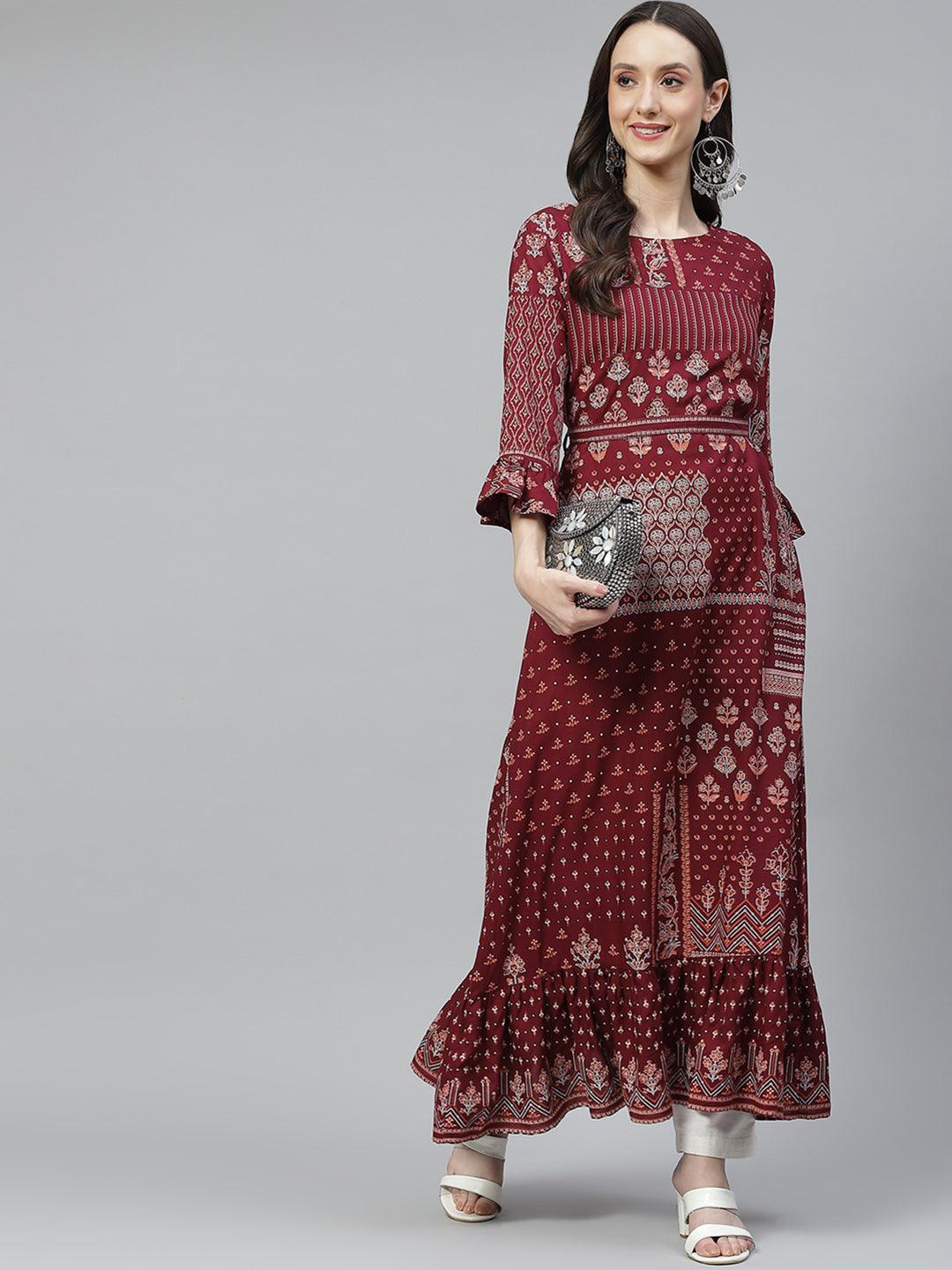  Maroon Rayon A-line Kurta with Belt -  world