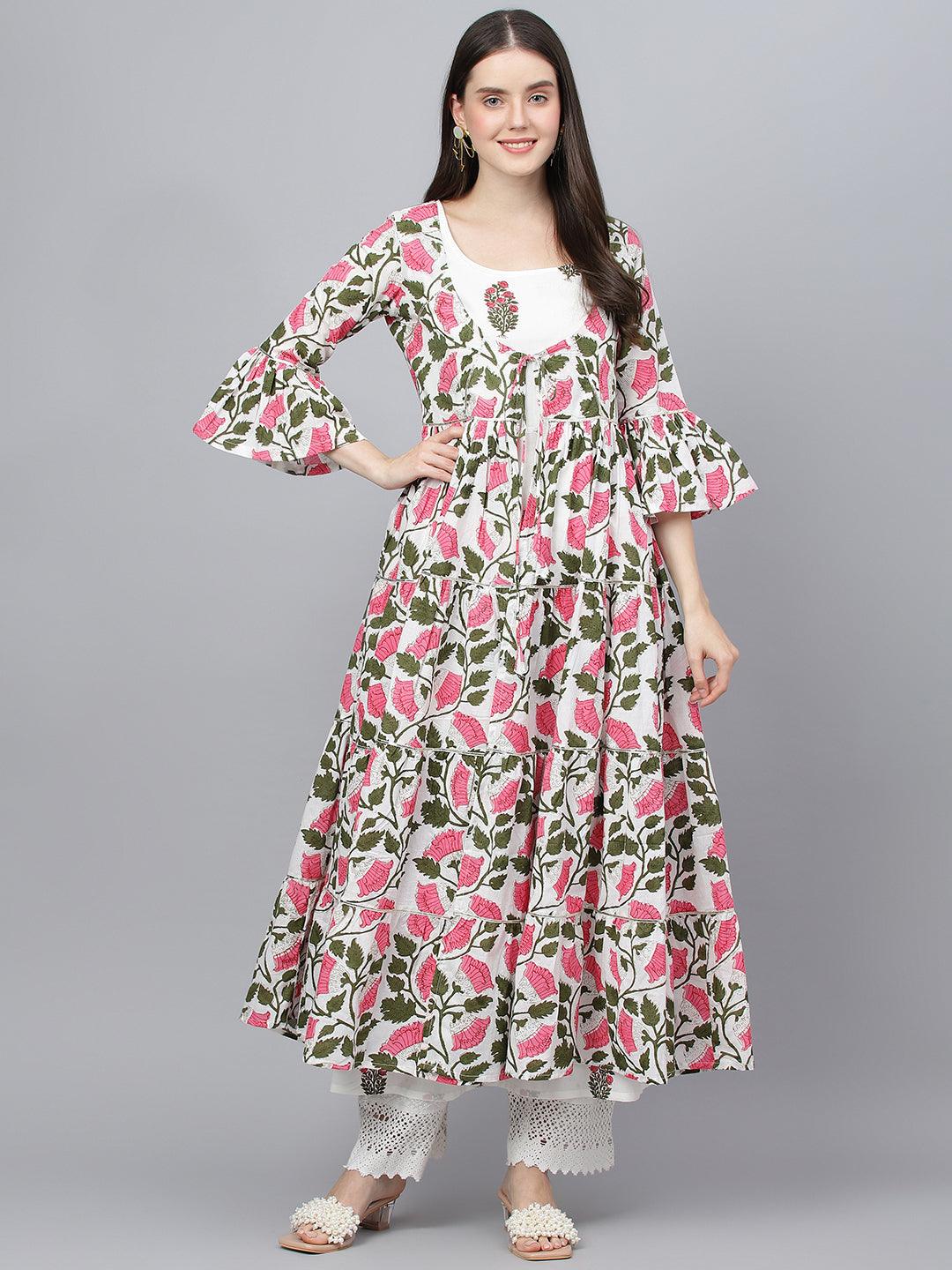 White Floral Cotton Anarkali Kurta with Jacket -  world