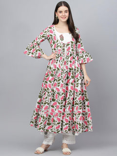 White Floral Cotton Anarkali Kurta with Jacket