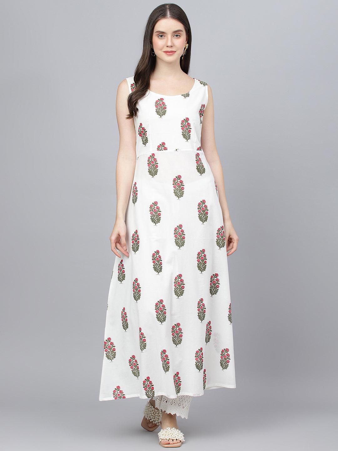  White Floral Cotton Anarkali Kurta with Jacket -  world