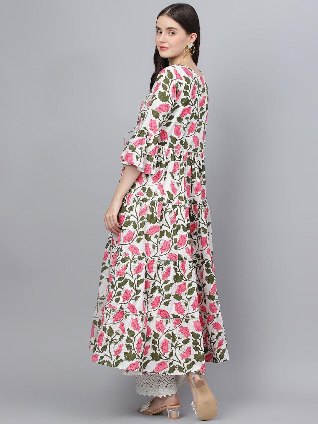  White Floral Cotton Anarkali Kurta with Jacket -  world