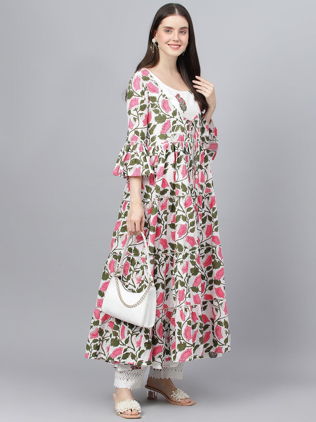  White Floral Cotton Anarkali Kurta with Jacket -  world