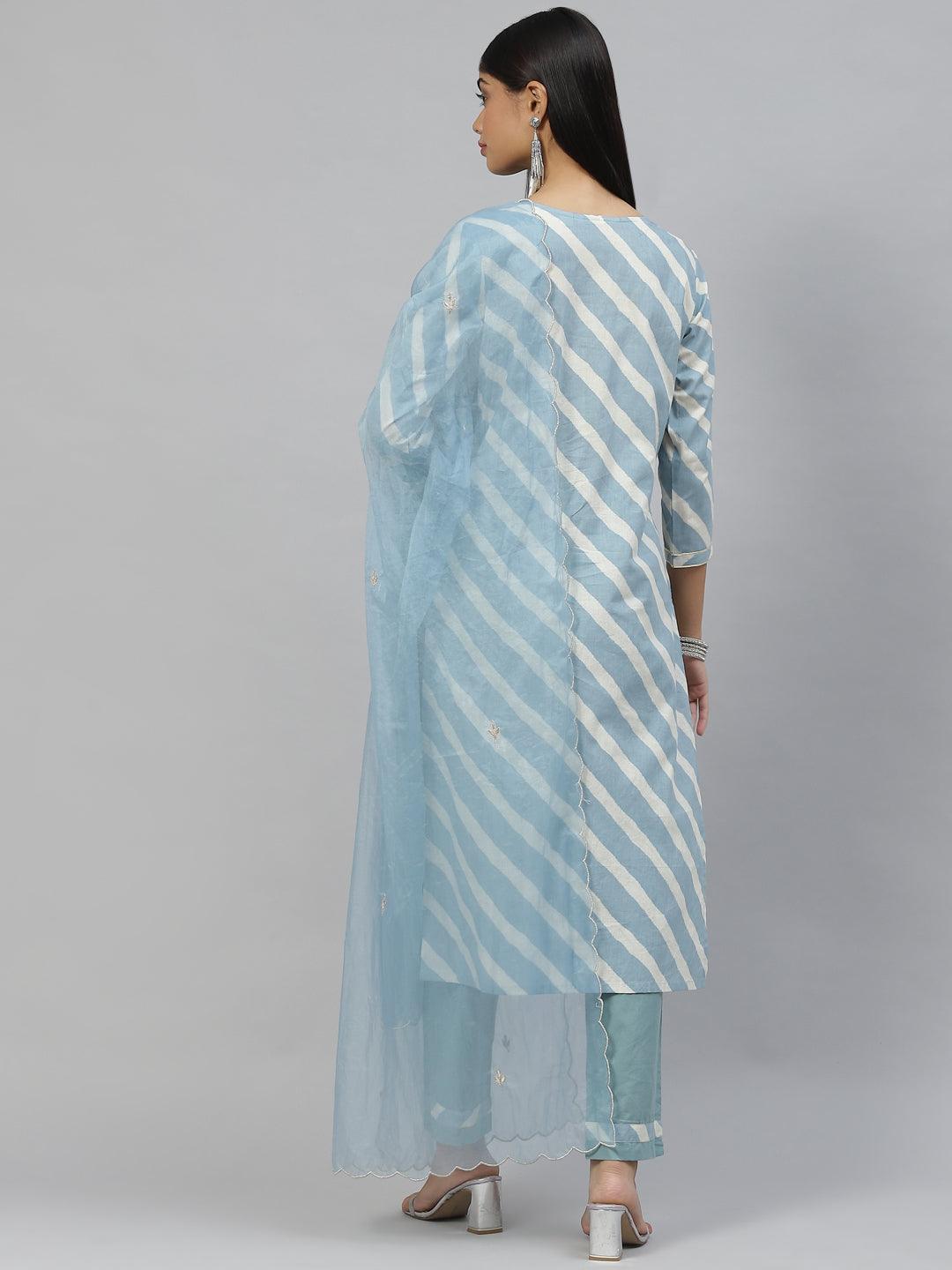  Sky Blue Leheriya Cotton Kurta Pant set With Organza Dupatta -  world
