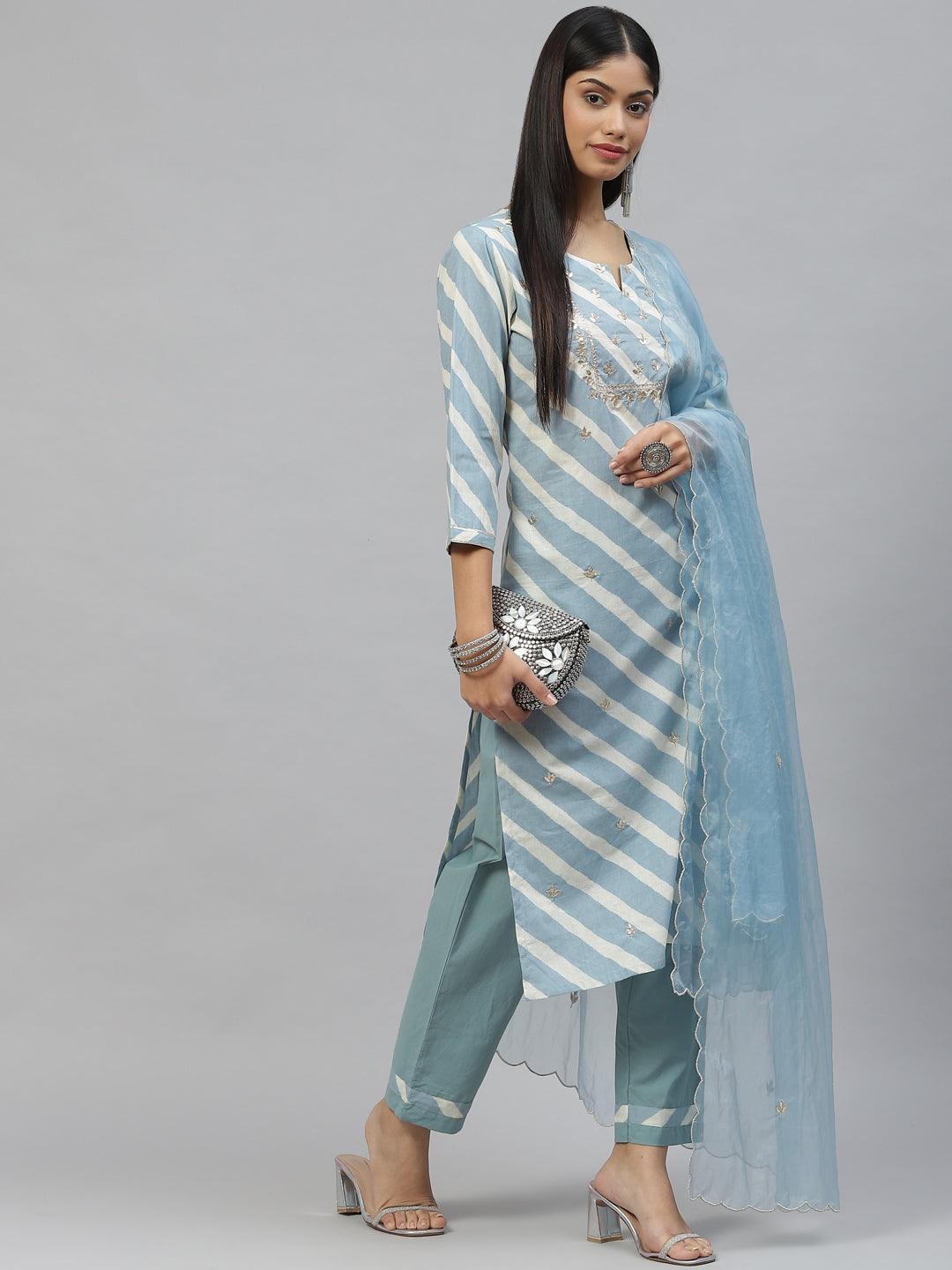  Sky Blue Leheriya Cotton Kurta Pant set With Organza Dupatta -  world