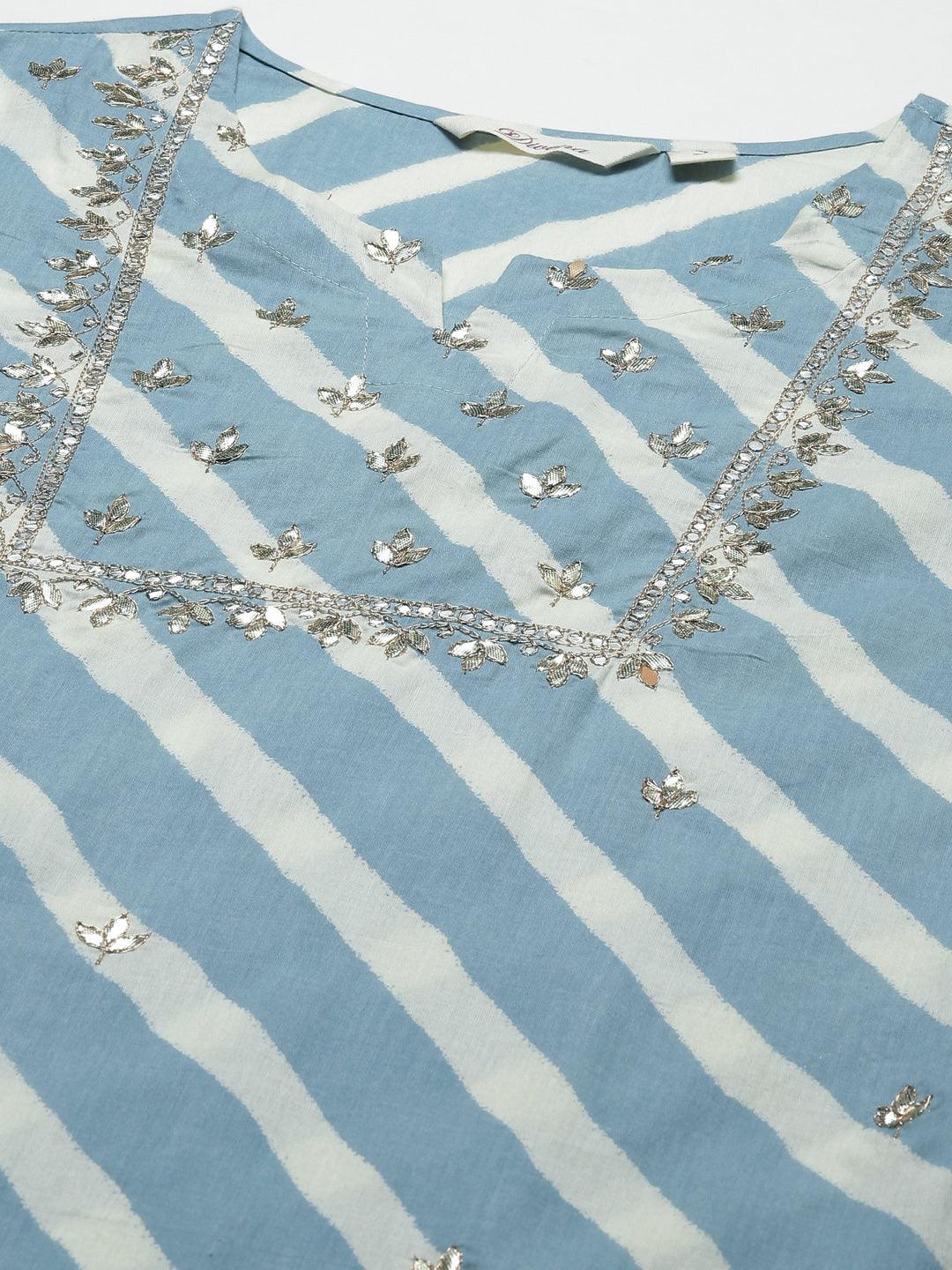  Sky Blue Leheriya Cotton Kurta Pant set With Organza Dupatta -  world