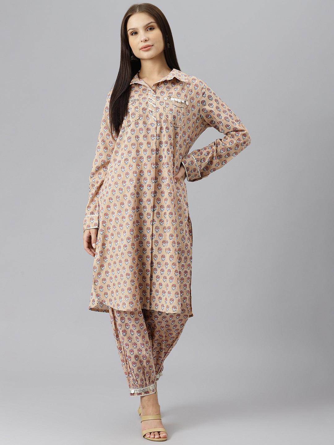 Beige Cotton Shirt Style Kurta Hem Cuffed Pant Co-ord Set -  world