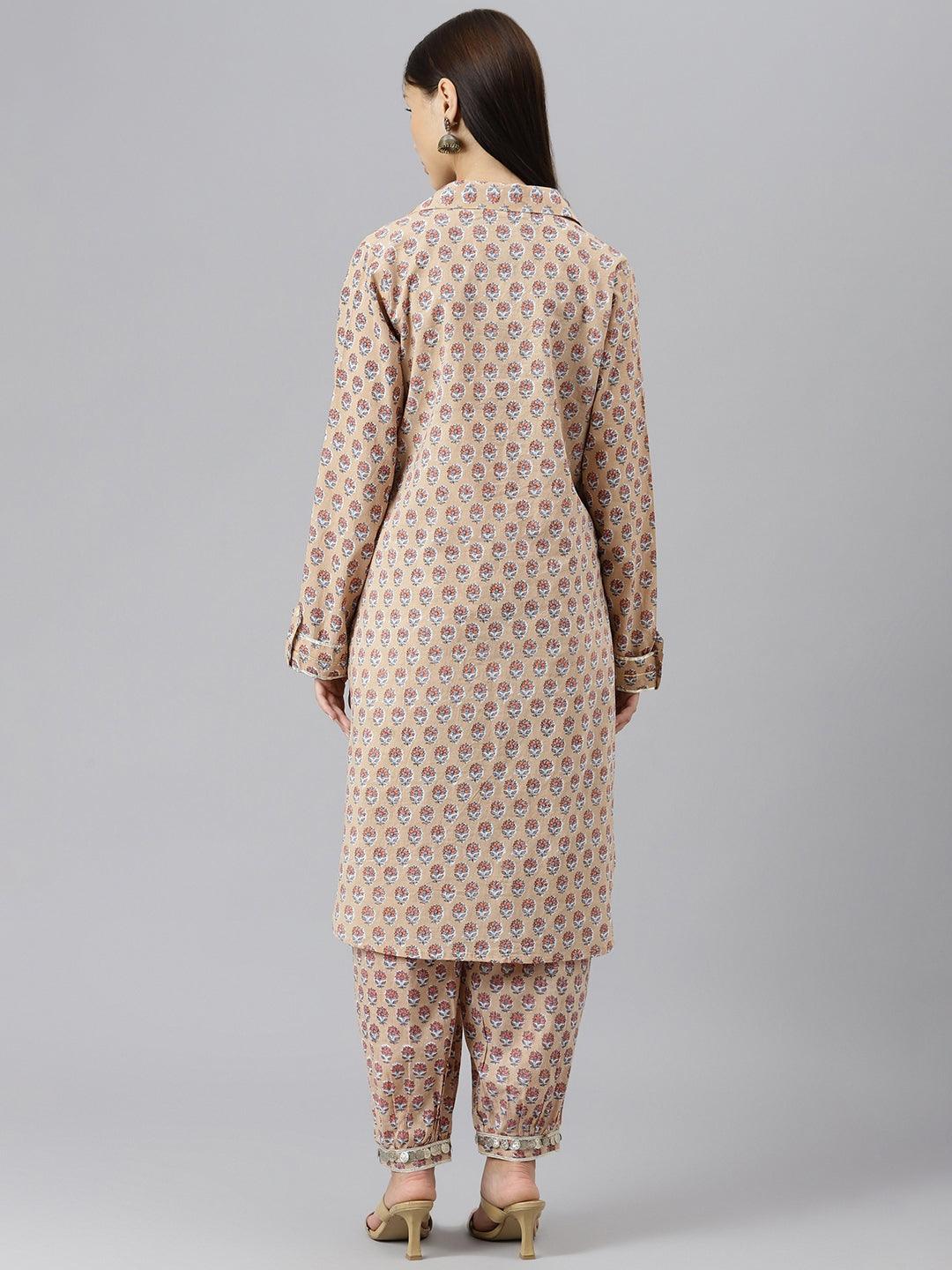  Beige Cotton Shirt Style Kurta Hem Cuffed Pant Co-ord Set -  world