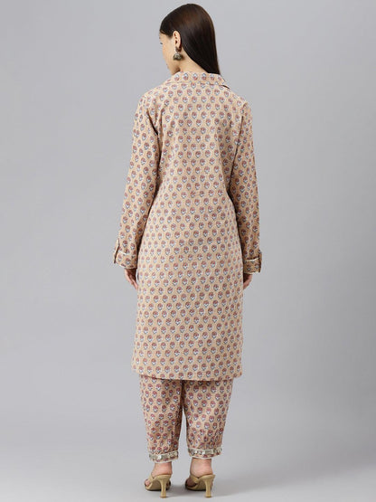  Beige Cotton Shirt Style Kurta Hem Cuffed Pant Co-ord Set -  world