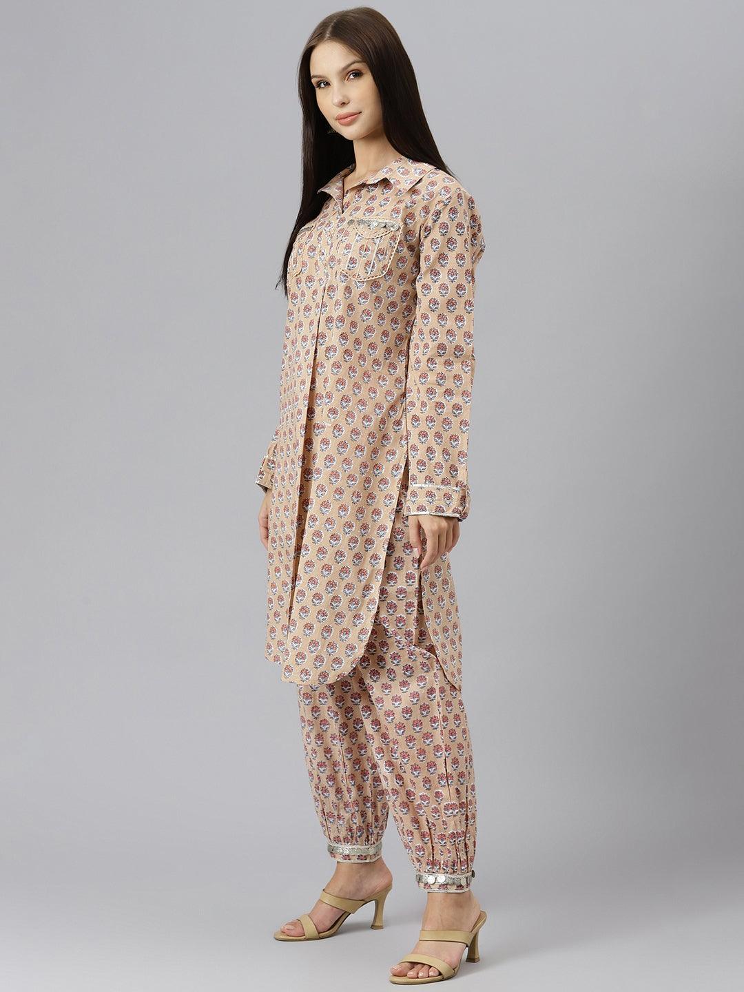  Beige Cotton Shirt Style Kurta Hem Cuffed Pant Co-ord Set -  world