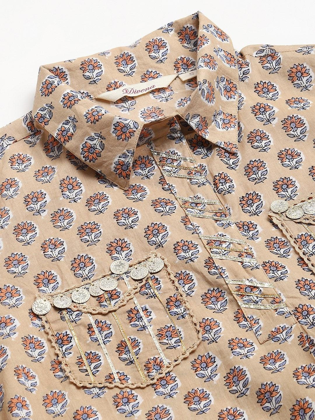  Beige Cotton Shirt Style Kurta Hem Cuffed Pant Co-ord Set -  world