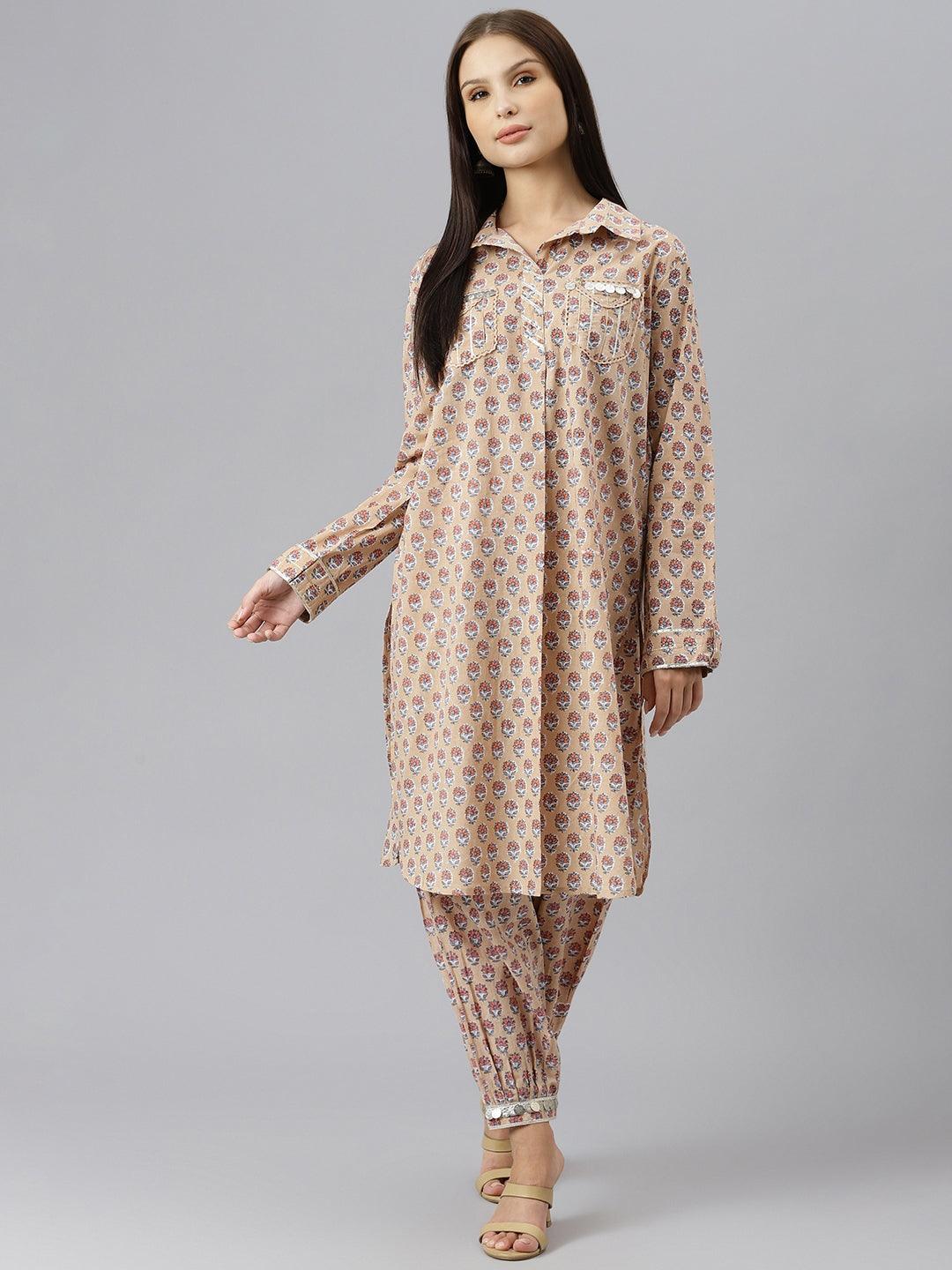  Beige Cotton Shirt Style Kurta Hem Cuffed Pant Co-ord Set -  world