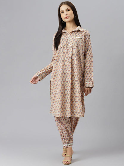 Beige Cotton Shirt Style Kurta Hem Cuffed Pant Co-ord Set -  world