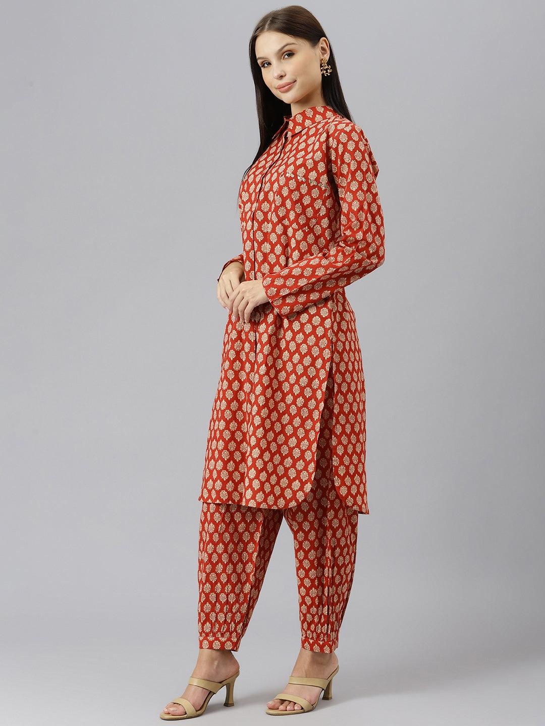  Maroon Cotton Shirt Style Kurta Hem Cuffed Pant Co-ord Set -  world