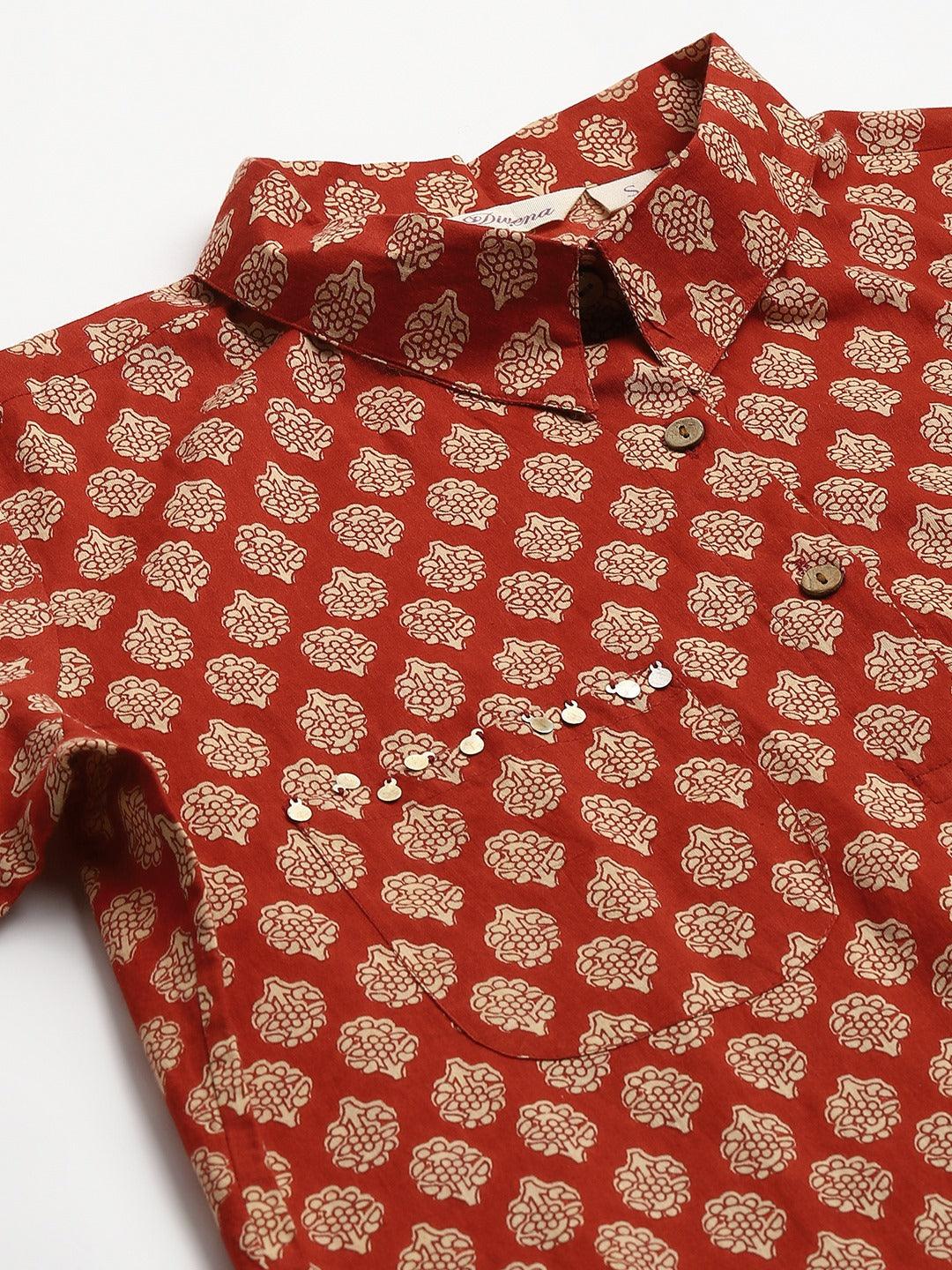  Maroon Cotton Shirt Style Kurta Hem Cuffed Pant Co-ord Set -  world