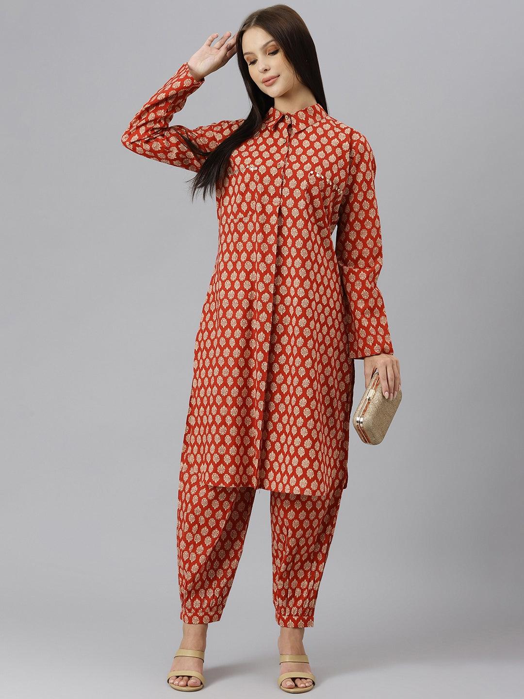  Maroon Cotton Shirt Style Kurta Hem Cuffed Pant Co-ord Set -  world