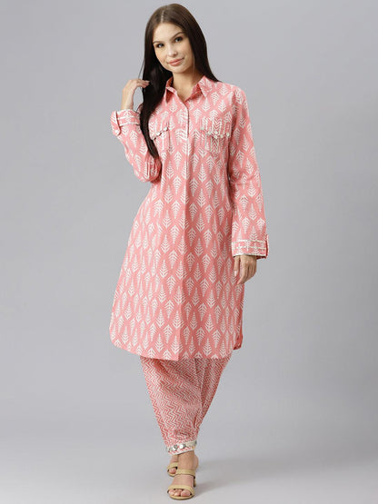  Pink Cotton Shirt Style Kurta Hem Cuffed Pant Co-ord Set -  world