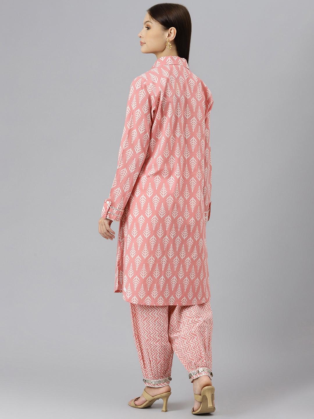  Pink Cotton Shirt Style Kurta Hem Cuffed Pant Co-ord Set -  world