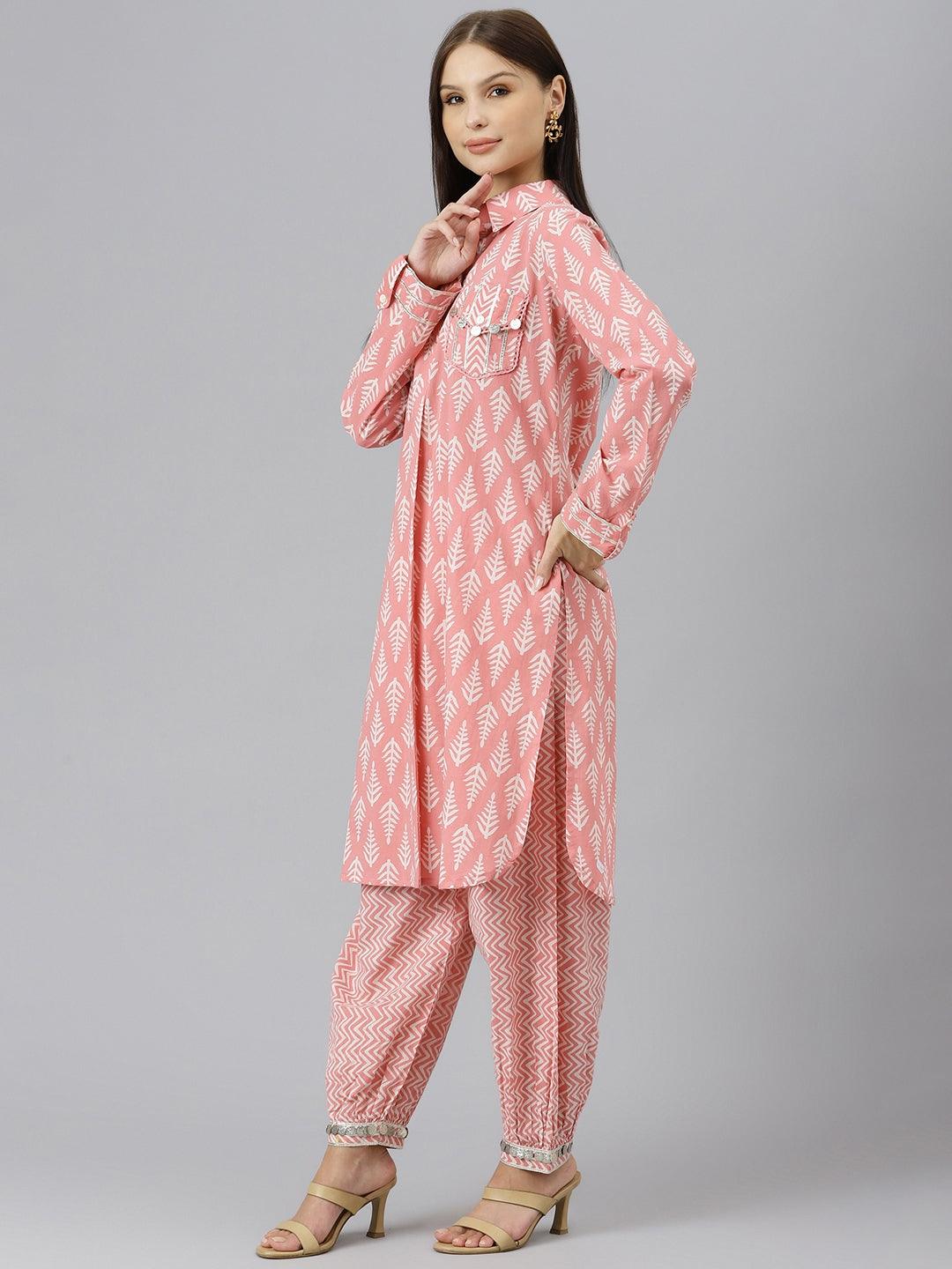  Pink Cotton Shirt Style Kurta Hem Cuffed Pant Co-ord Set -  world