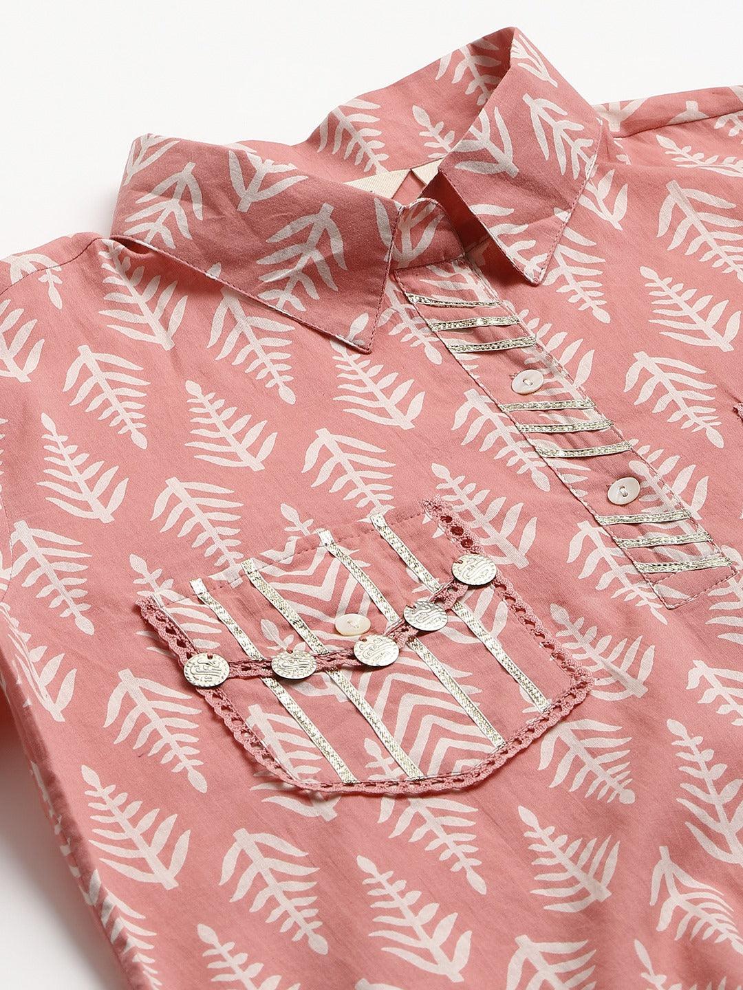  Pink Cotton Shirt Style Kurta Hem Cuffed Pant Co-ord Set -  world