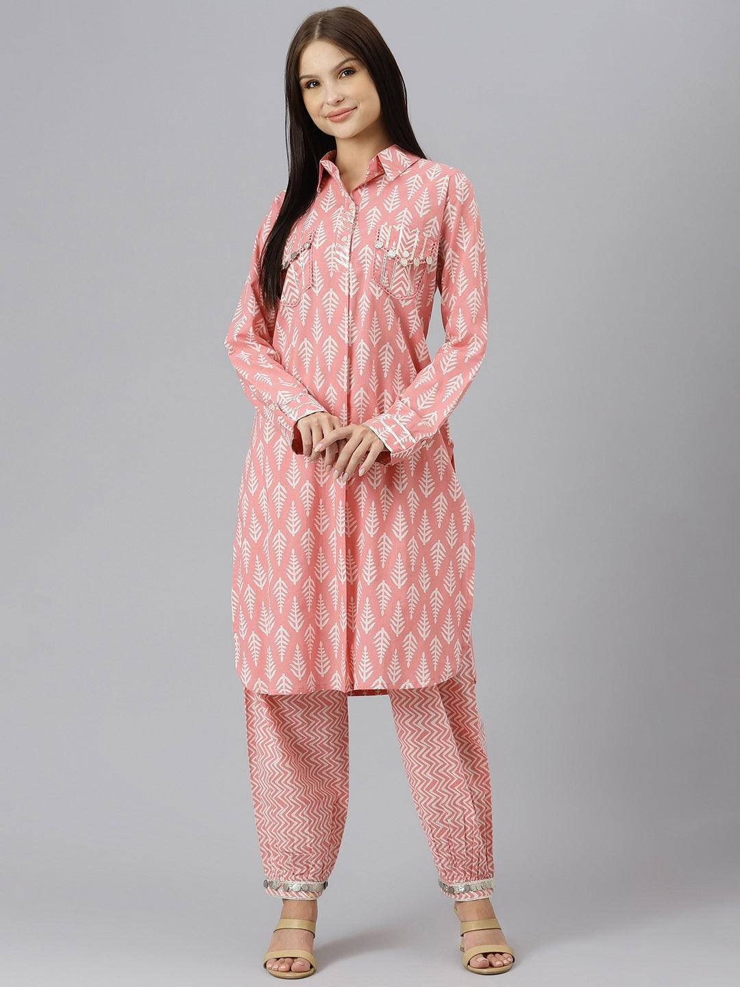  Pink Cotton Shirt Style Kurta Hem Cuffed Pant Co-ord Set -  world