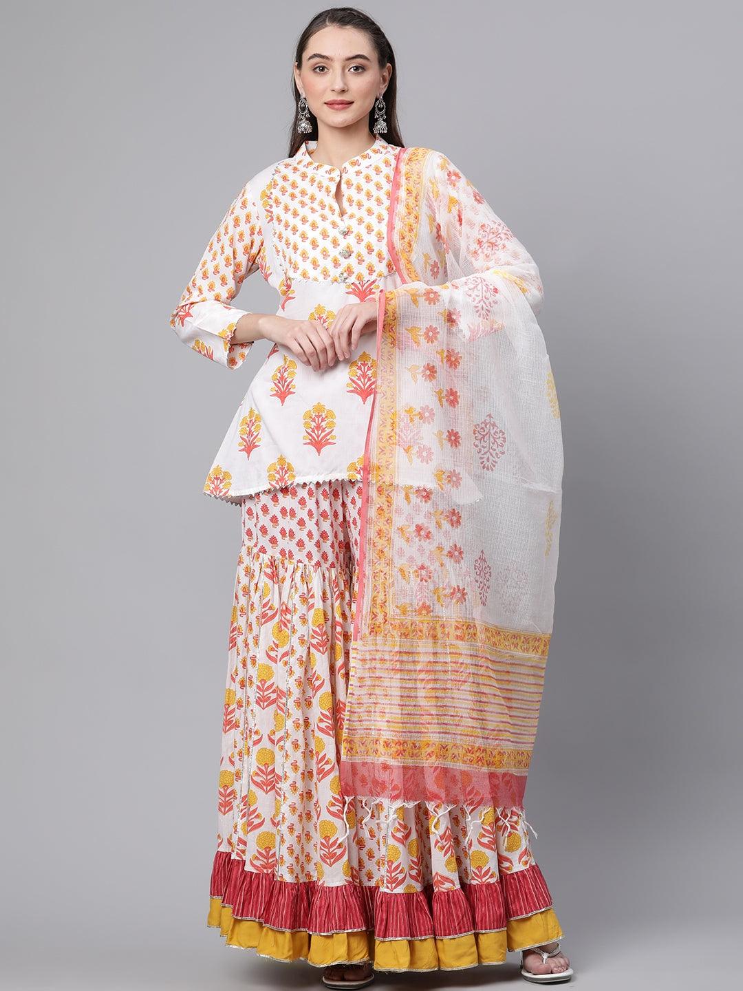  Yellow White Peplum Top Sharara Set with Dupatta - world.com