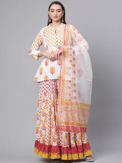 Yellow White Peplum Top Sharara Set with Dupatta