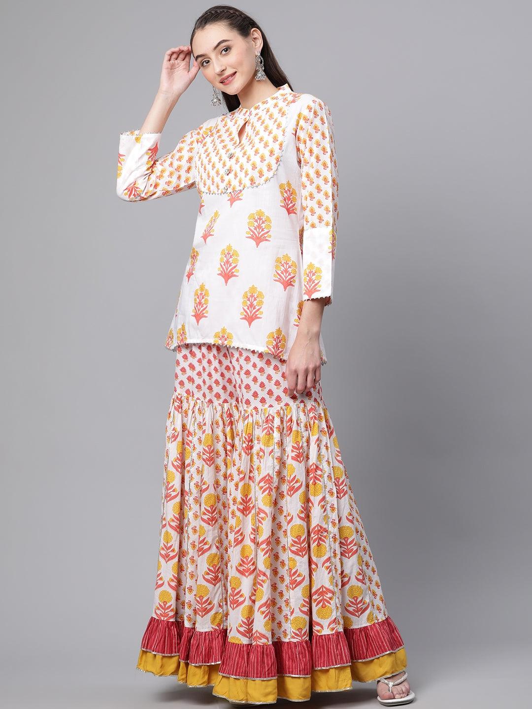  Yellow White Peplum Top Sharara Set with Dupatta - world.com