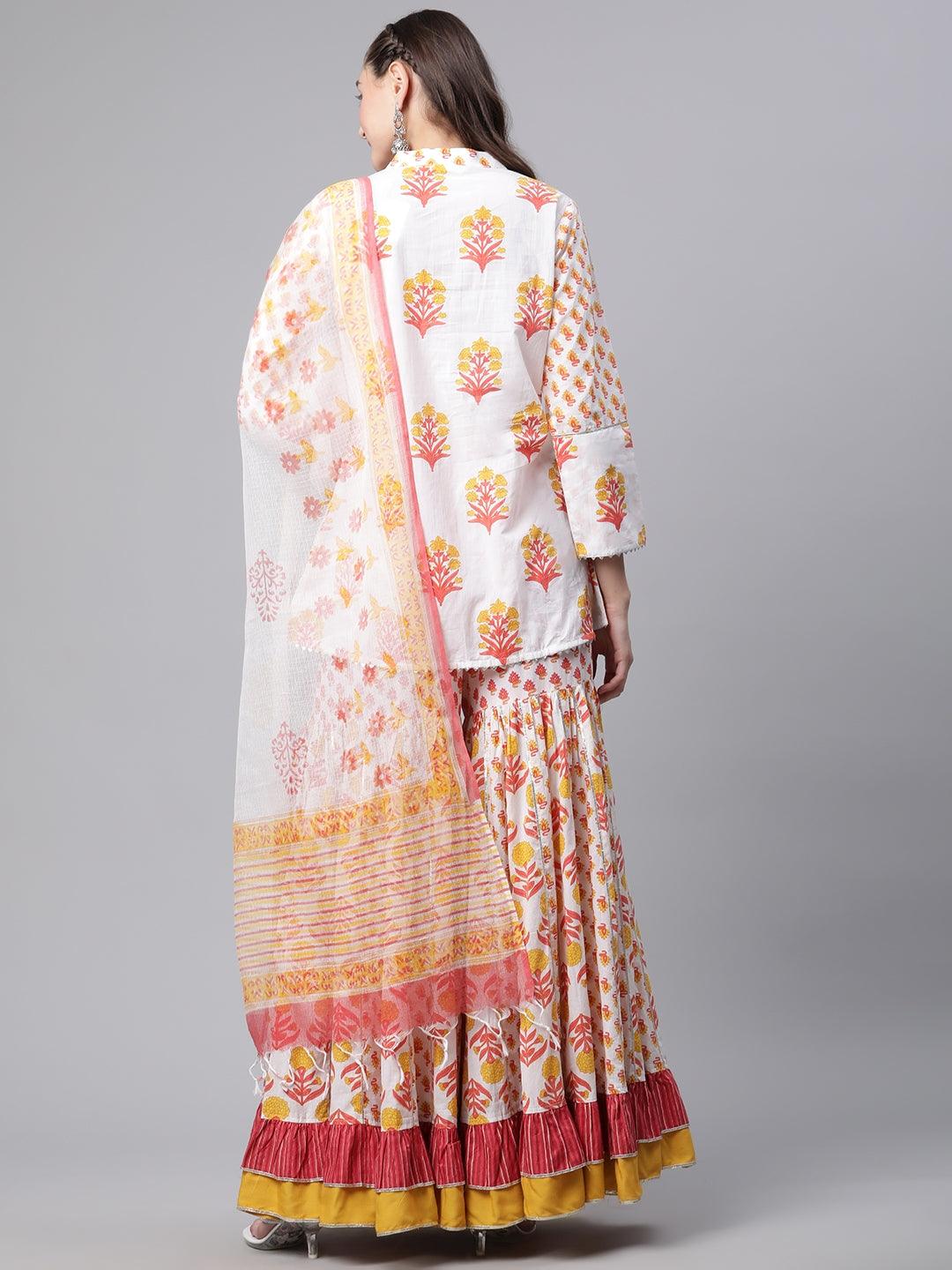  Yellow White Peplum Top Sharara Set with Dupatta - world.com