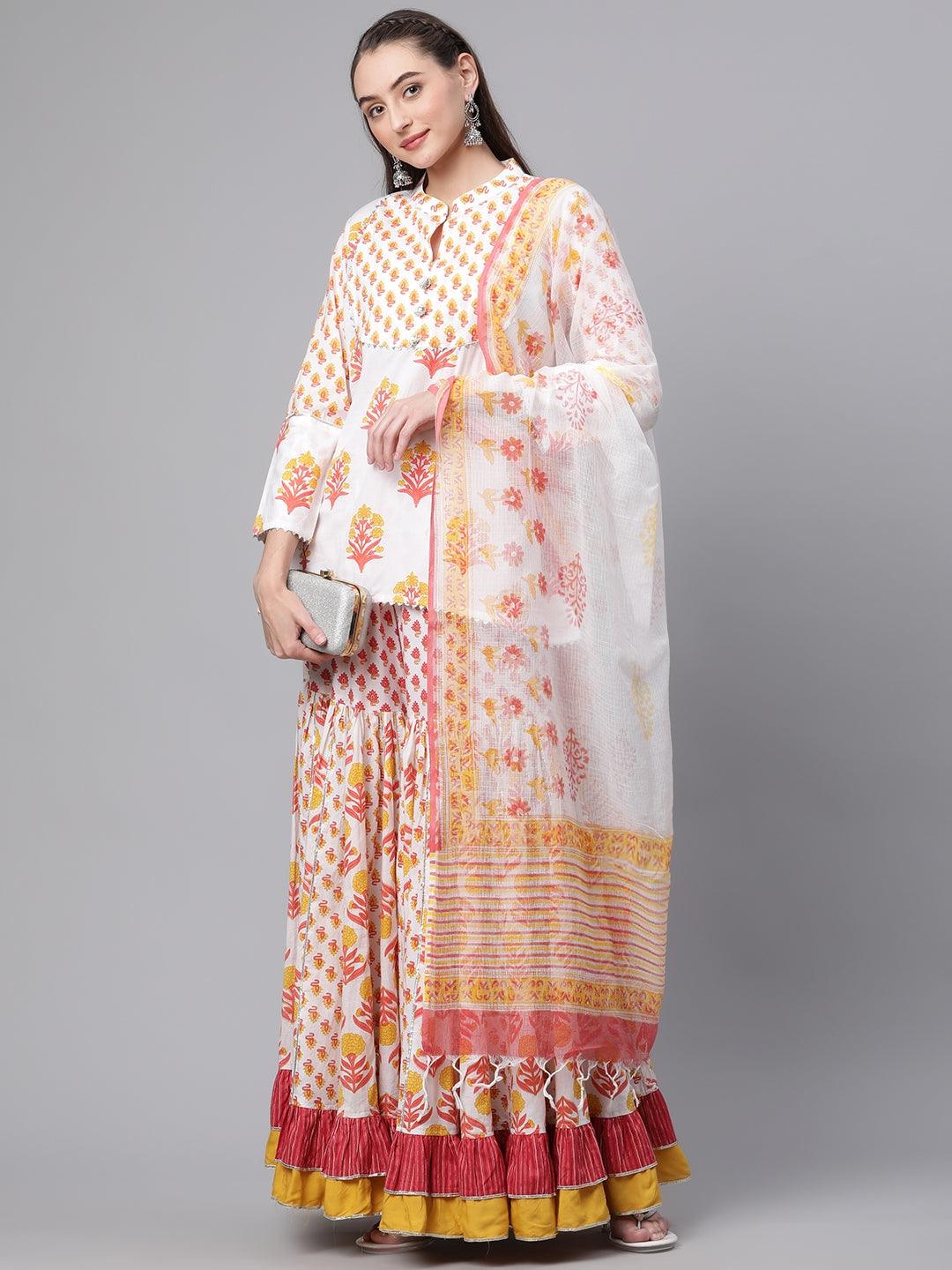  Yellow White Peplum Top Sharara Set with Dupatta - world.com