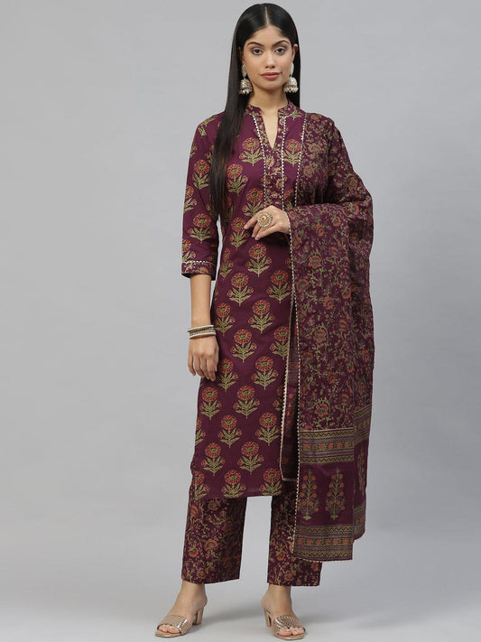  Purple Cotton Straight Kurta Pant Set with Dupatta -  world