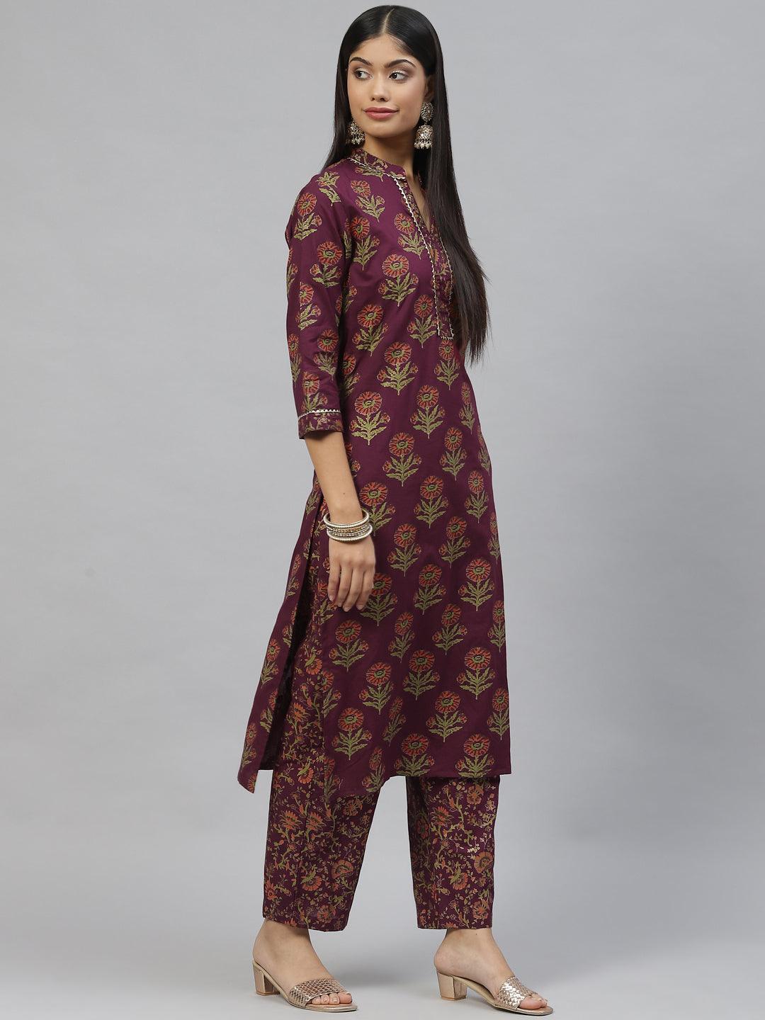  Purple Cotton Straight Kurta Pant Set with Dupatta -  world